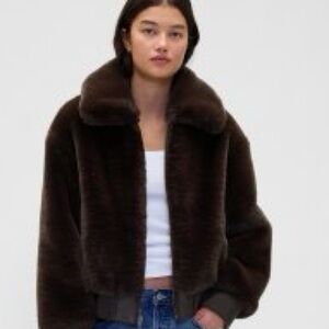 Faux fur chocolate brown bomber jacket by Gap